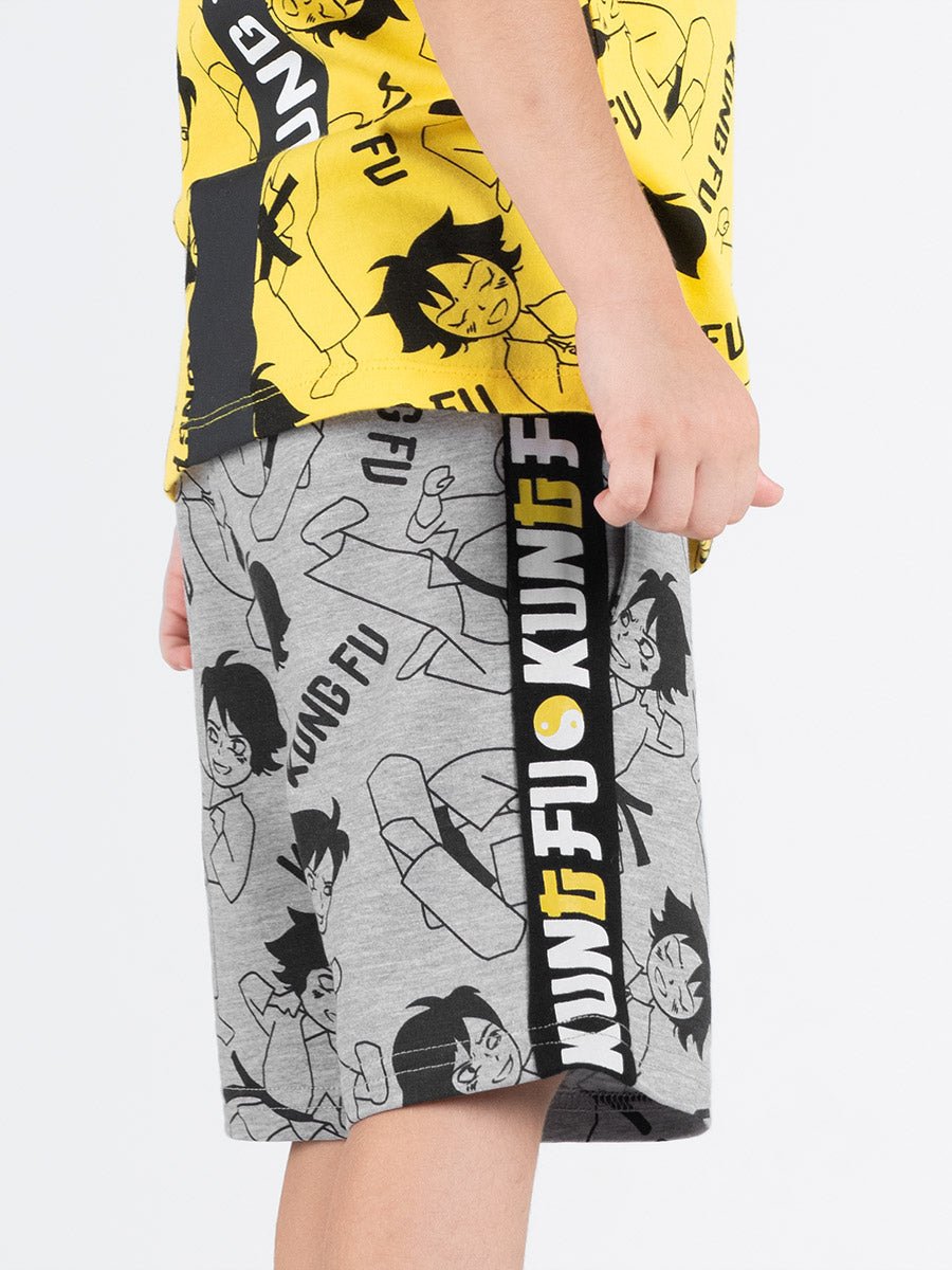 Boys Grey Shorts with Kung Fu Print