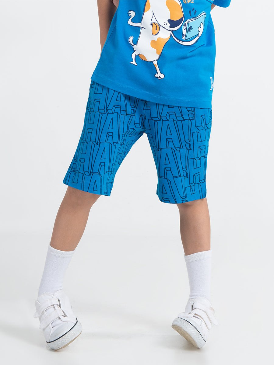 Boys Blue Shorts with HaHa Print