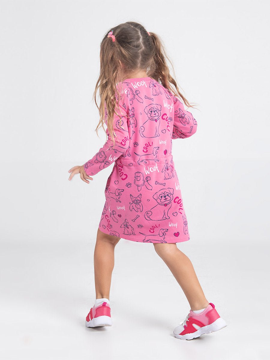 Girls Raspberry Long Sleeve Dress with Cute Puppies Print
