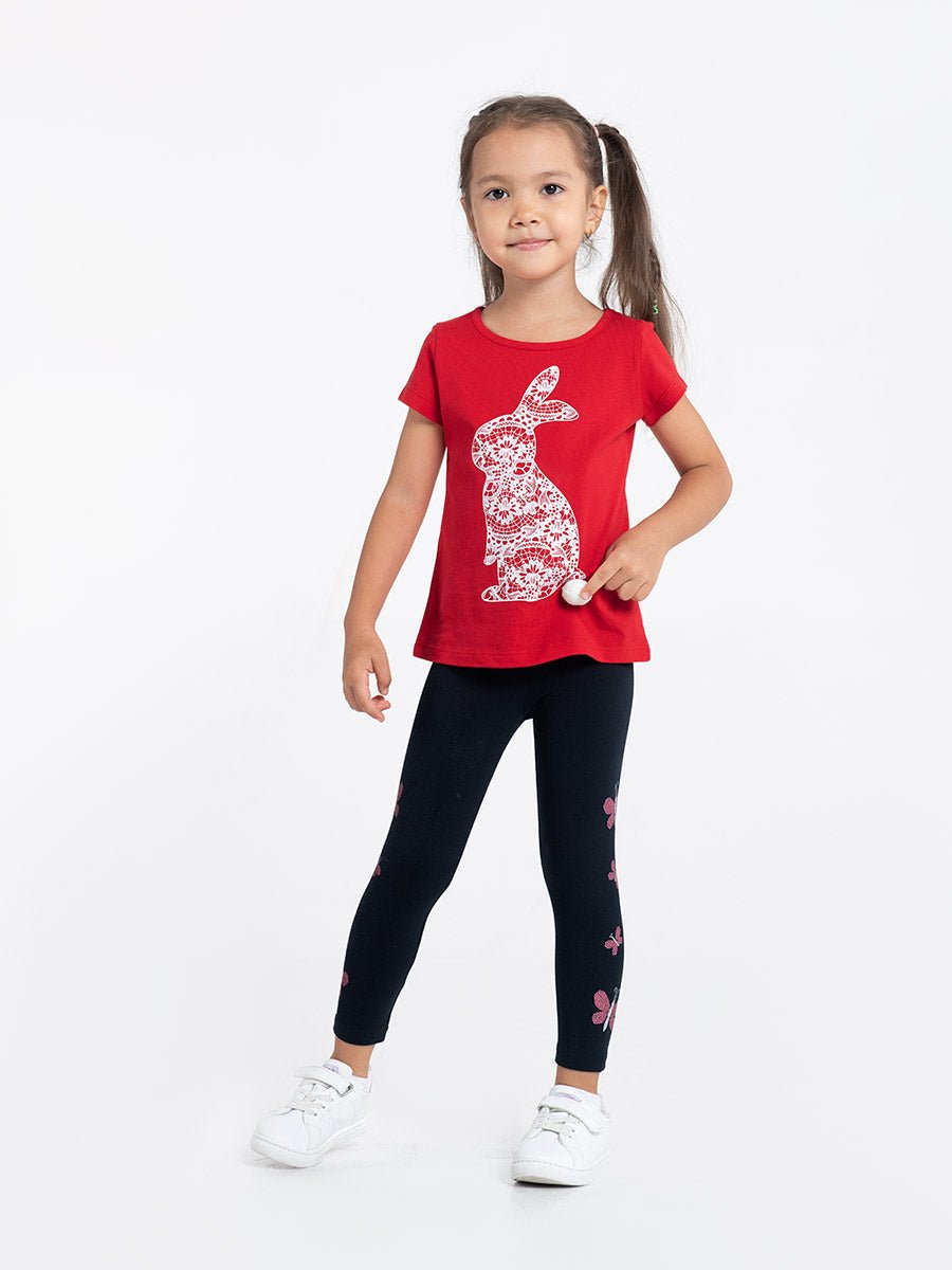 Girls Red T-shirt with Lace Rabbit Print