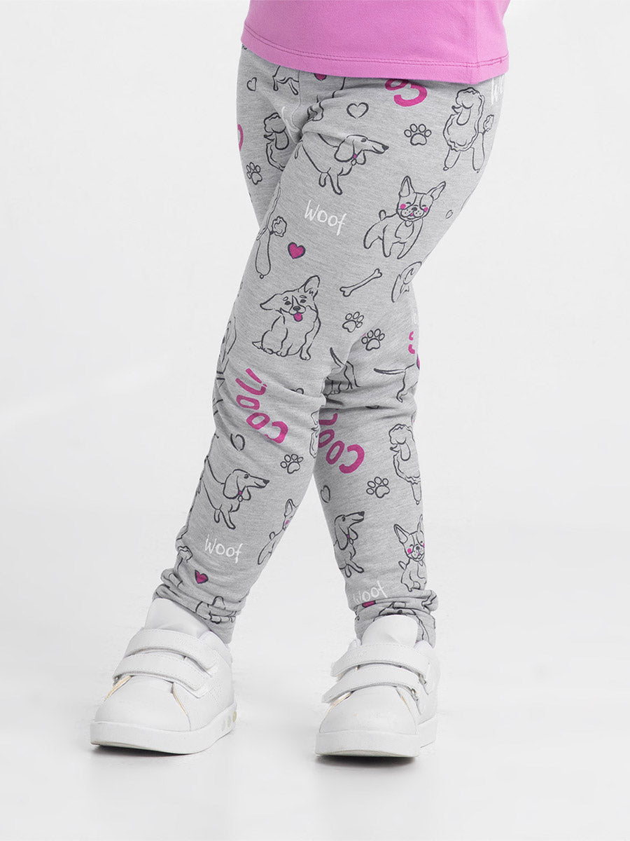 Girls Grey Leggings with Cute Puppies Print