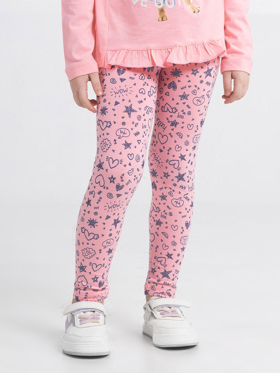 Girl Pink Leggings with Funny Doodles Print
