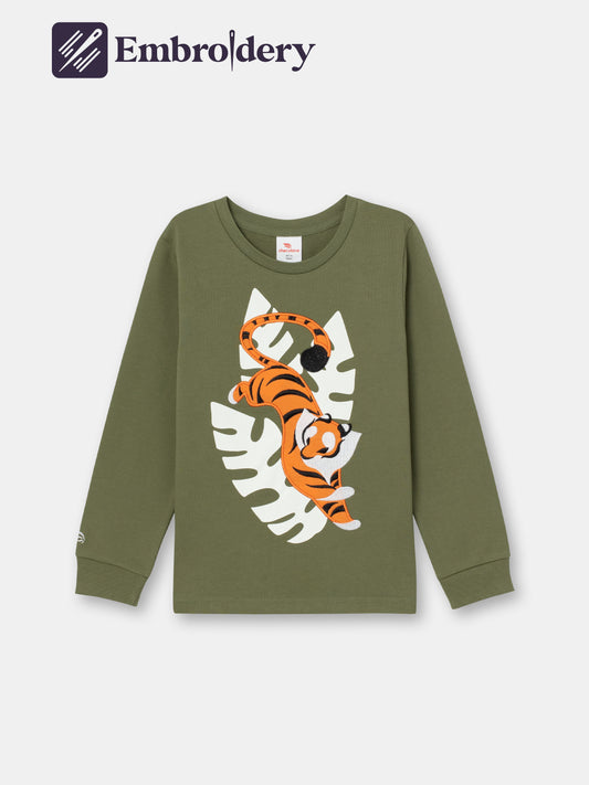 Long Sleeve T-Shirt with (Jumping Tiger) Applique embroidery - Olive