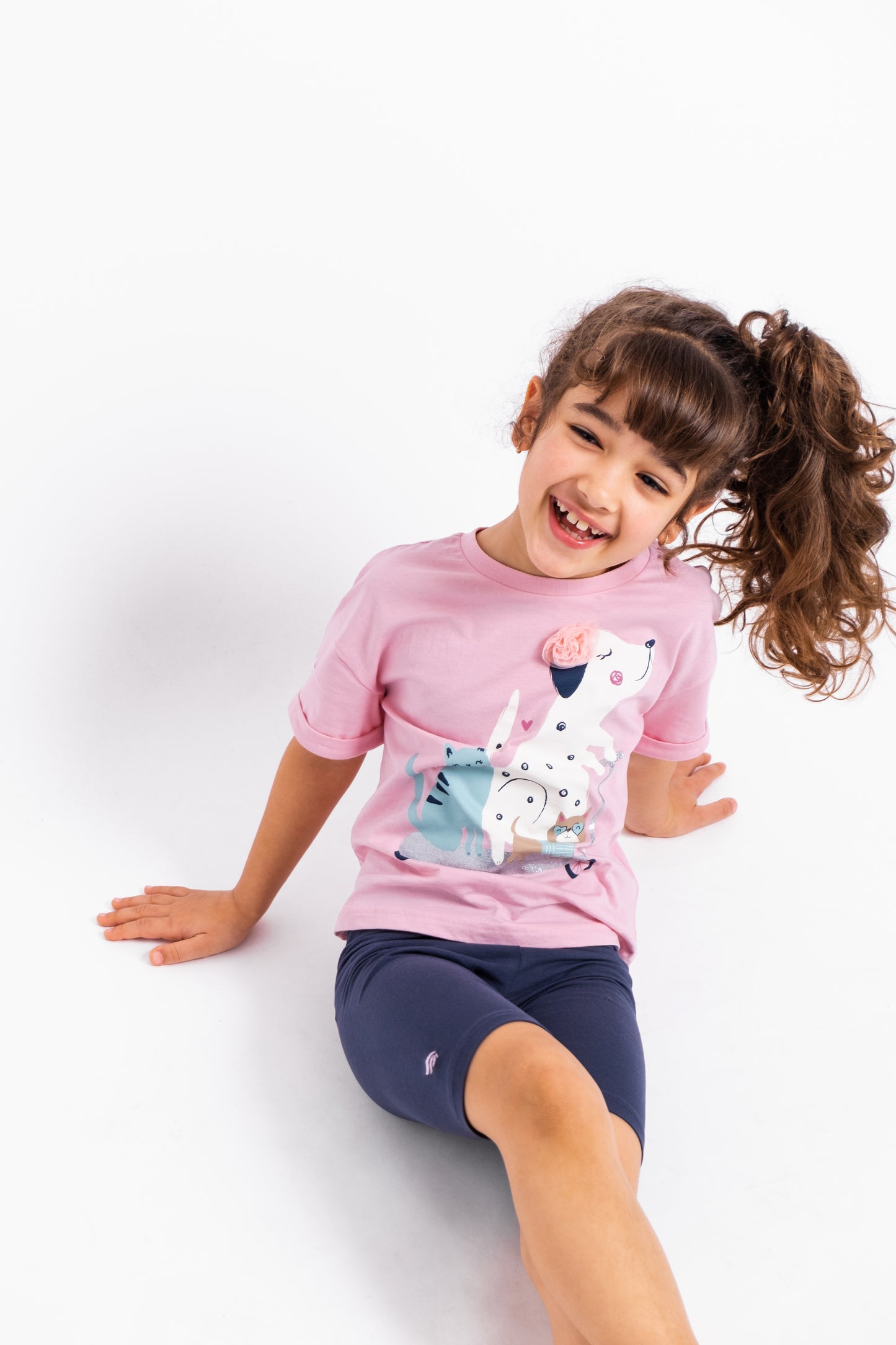 Short Sleeve T-Shirt With (Animal Friends) Embellished & Glitter Graphic - Pink