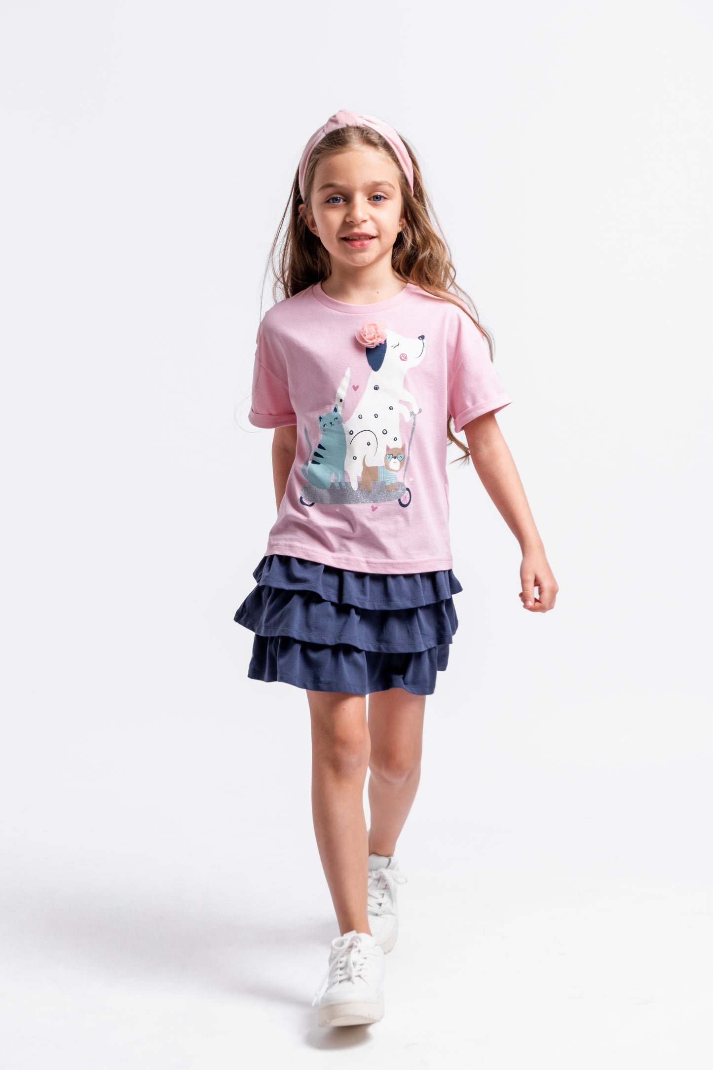 Short Sleeve T-Shirt With (Animal Friends) Embellished & Glitter Graphic - Pink