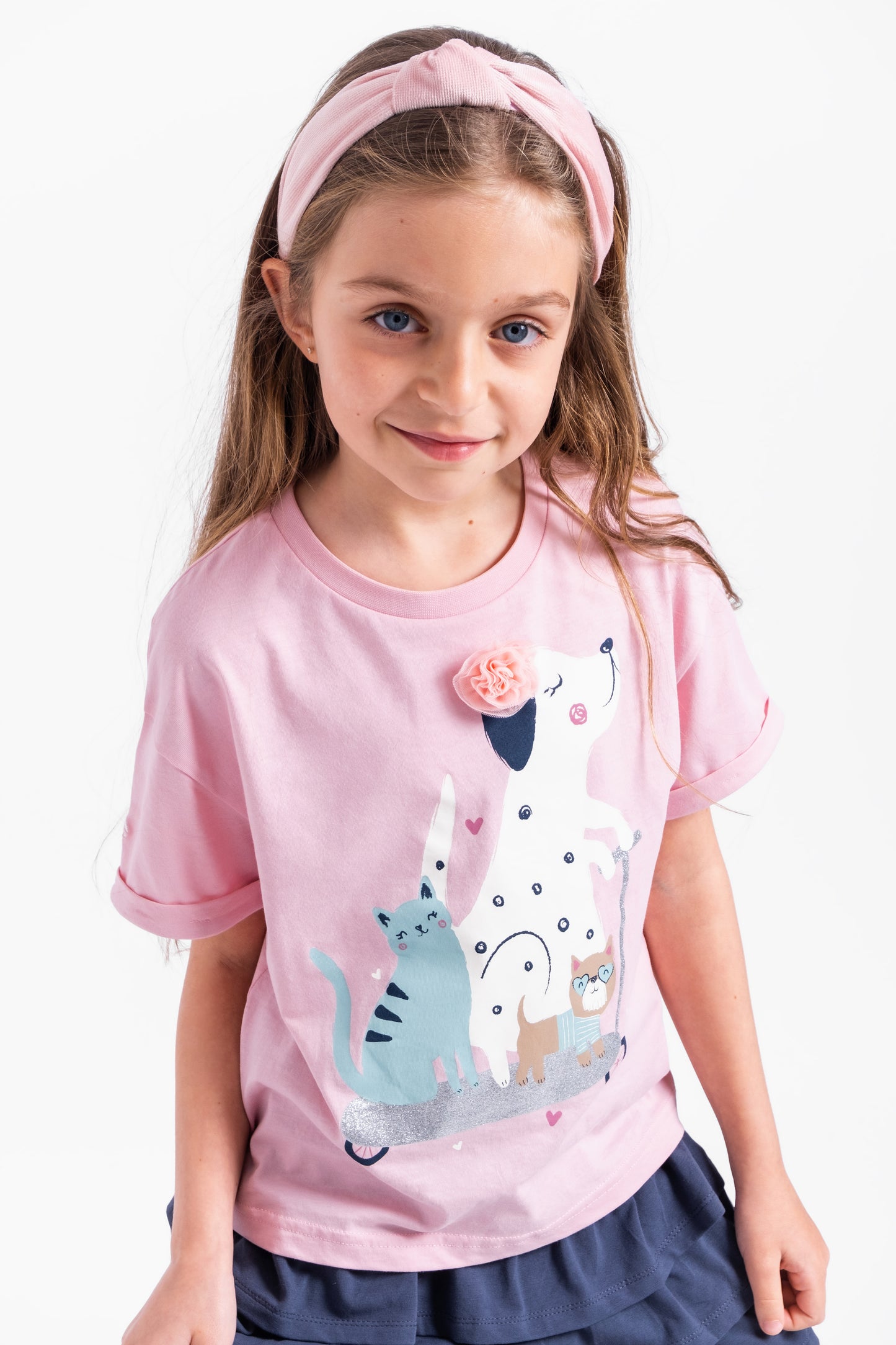 Short Sleeve T-Shirt With (Animal Friends) Embellished & Glitter Graphic - Pink