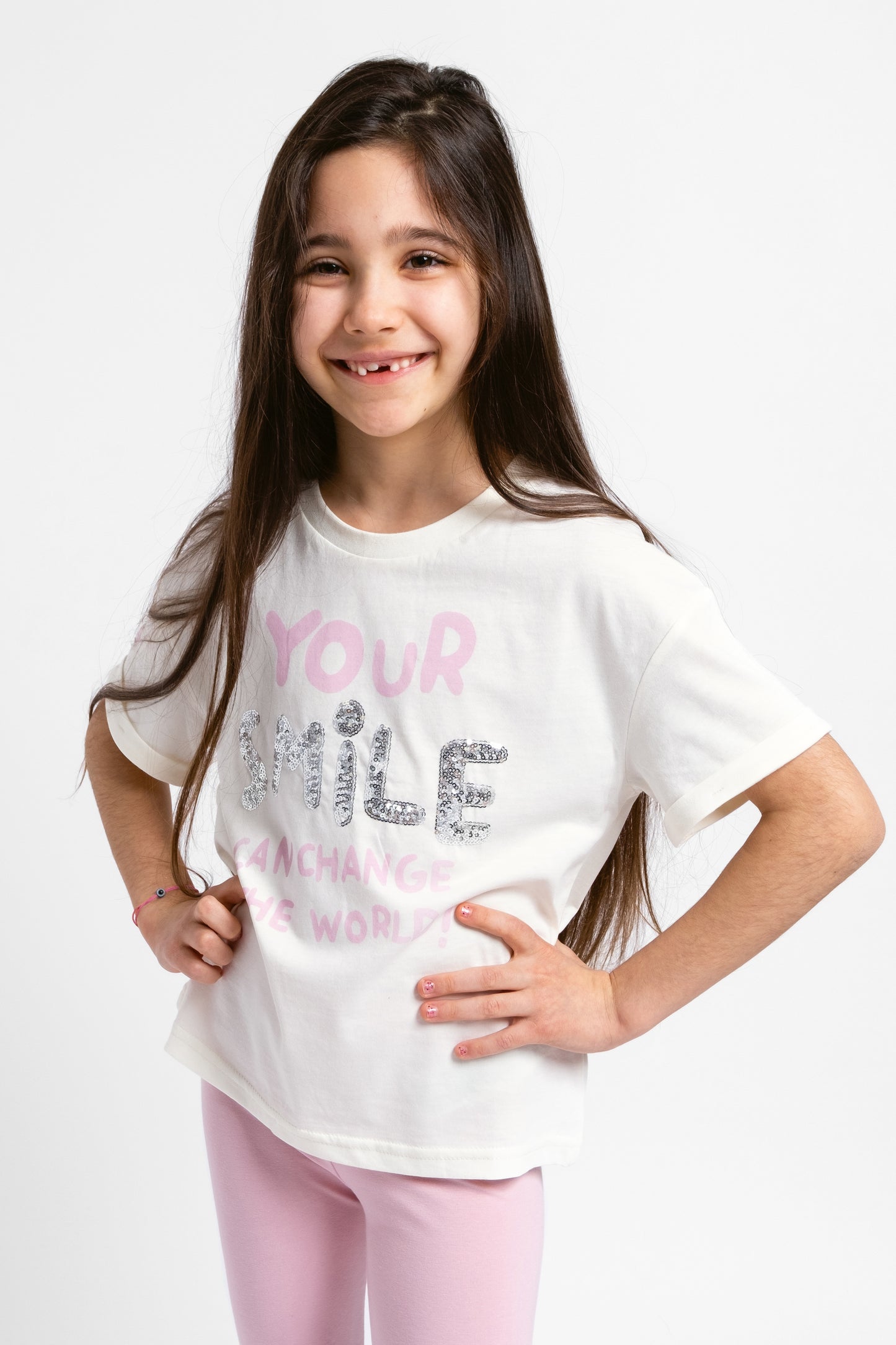 Short Sleeve T-Shirt With Phrase Sequin Graphic - Ecru