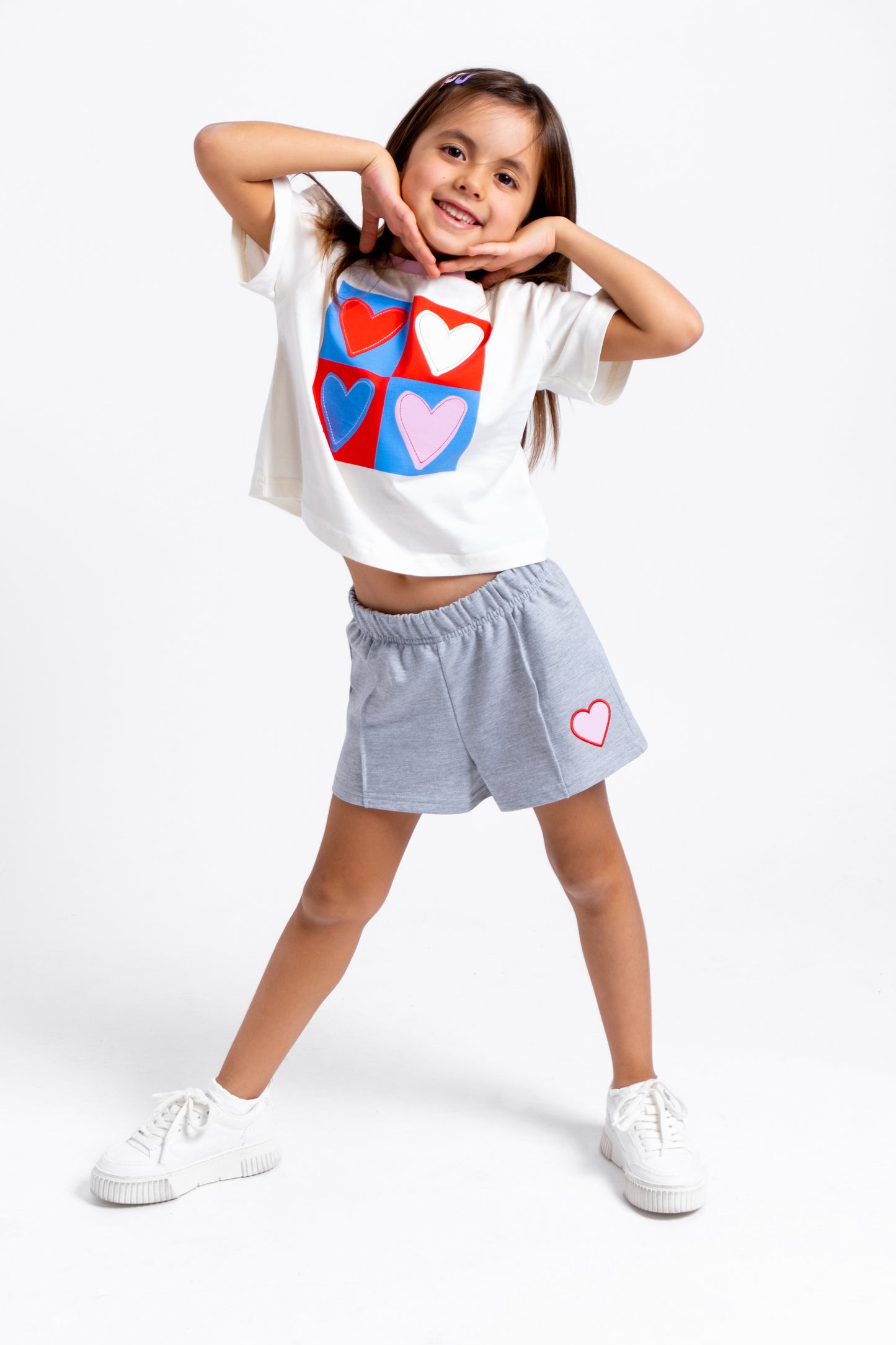 Boxy Short Sleeve T-Shirt with (Heart) Graphic and Embroidery - Ecru