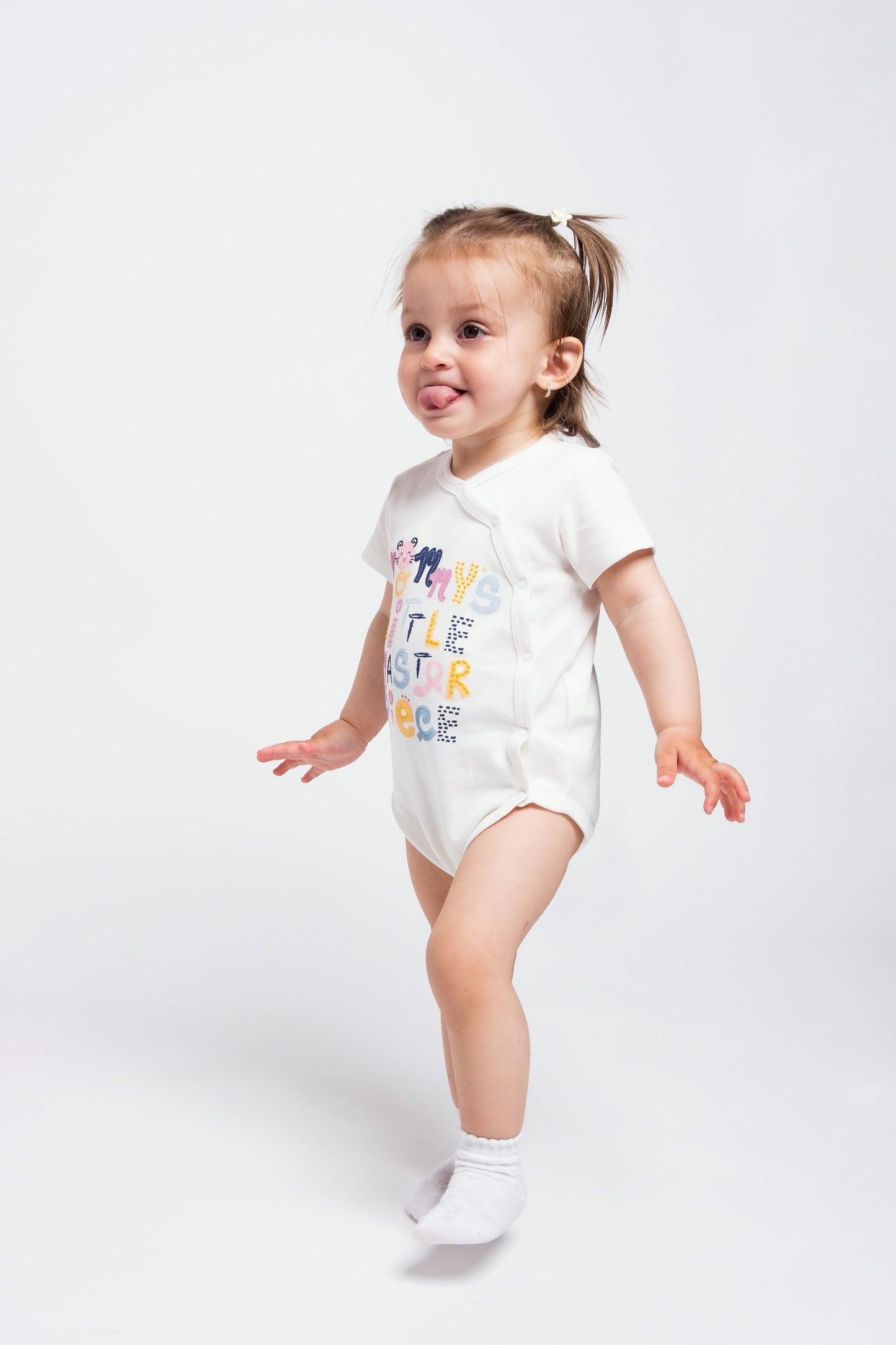 Short Sleeve Wrap Front Bodysuit with (Masterpiece) Phrase Graphic - White