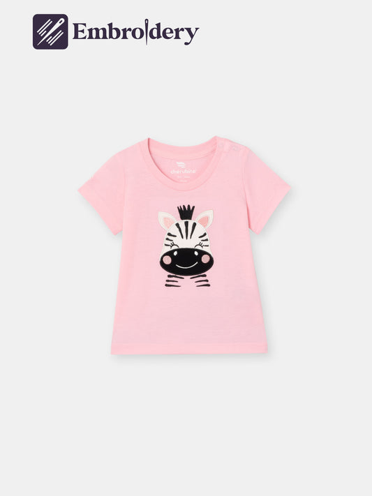 Short Sleeve T-Shirt with (Zebra) Patch Embellishment - Pink