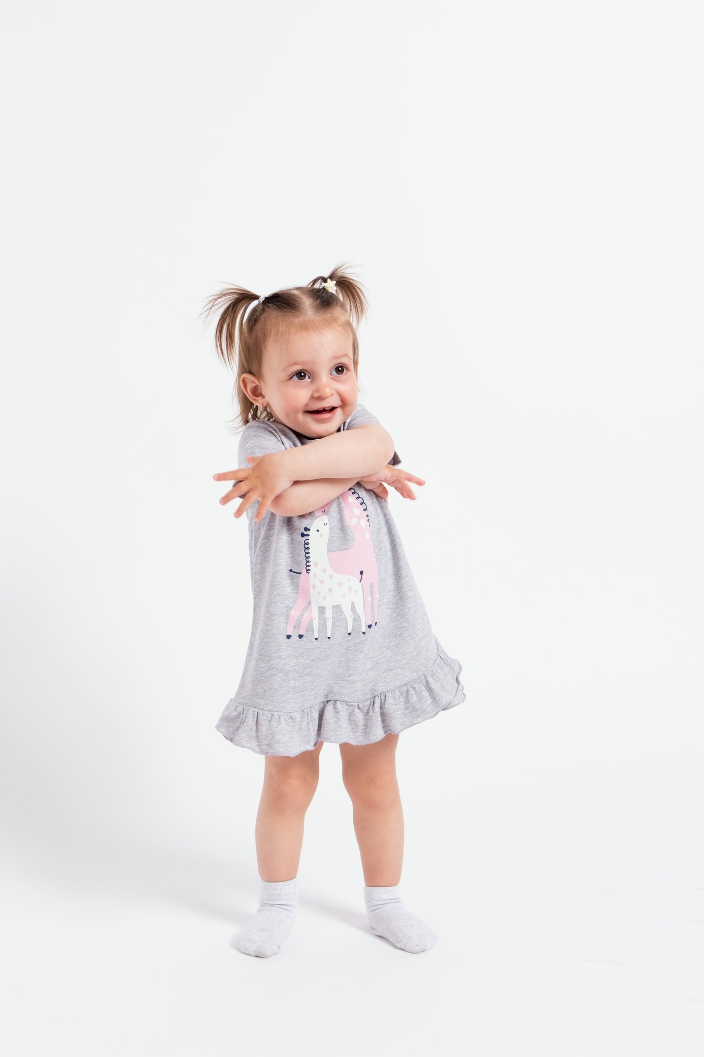 Short Sleeve Flutter Trim Dress with (Baby Kiss) Graphic - Grey