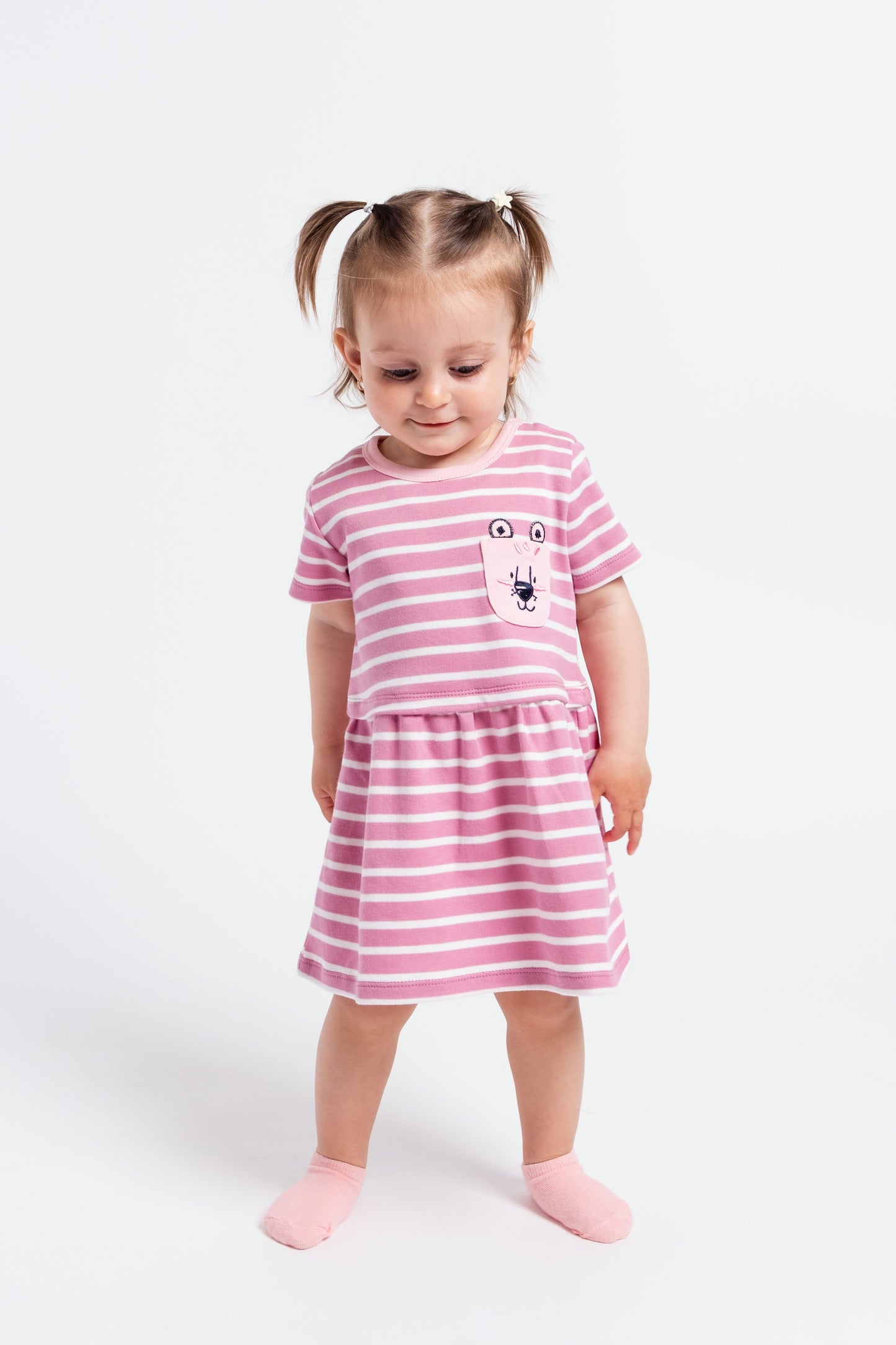 Short Sleeve Dress in (Mini Stripe) Pattern with Patch Pocket - Raspberry