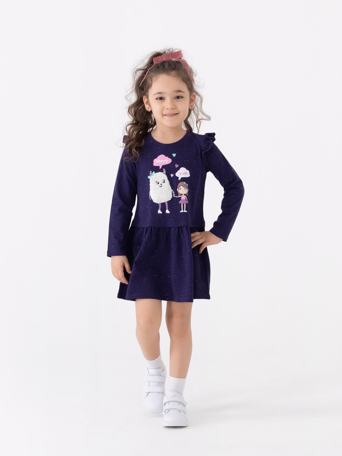 Long Sleeve Dress with Monster Friends Graphic - Dark Blue