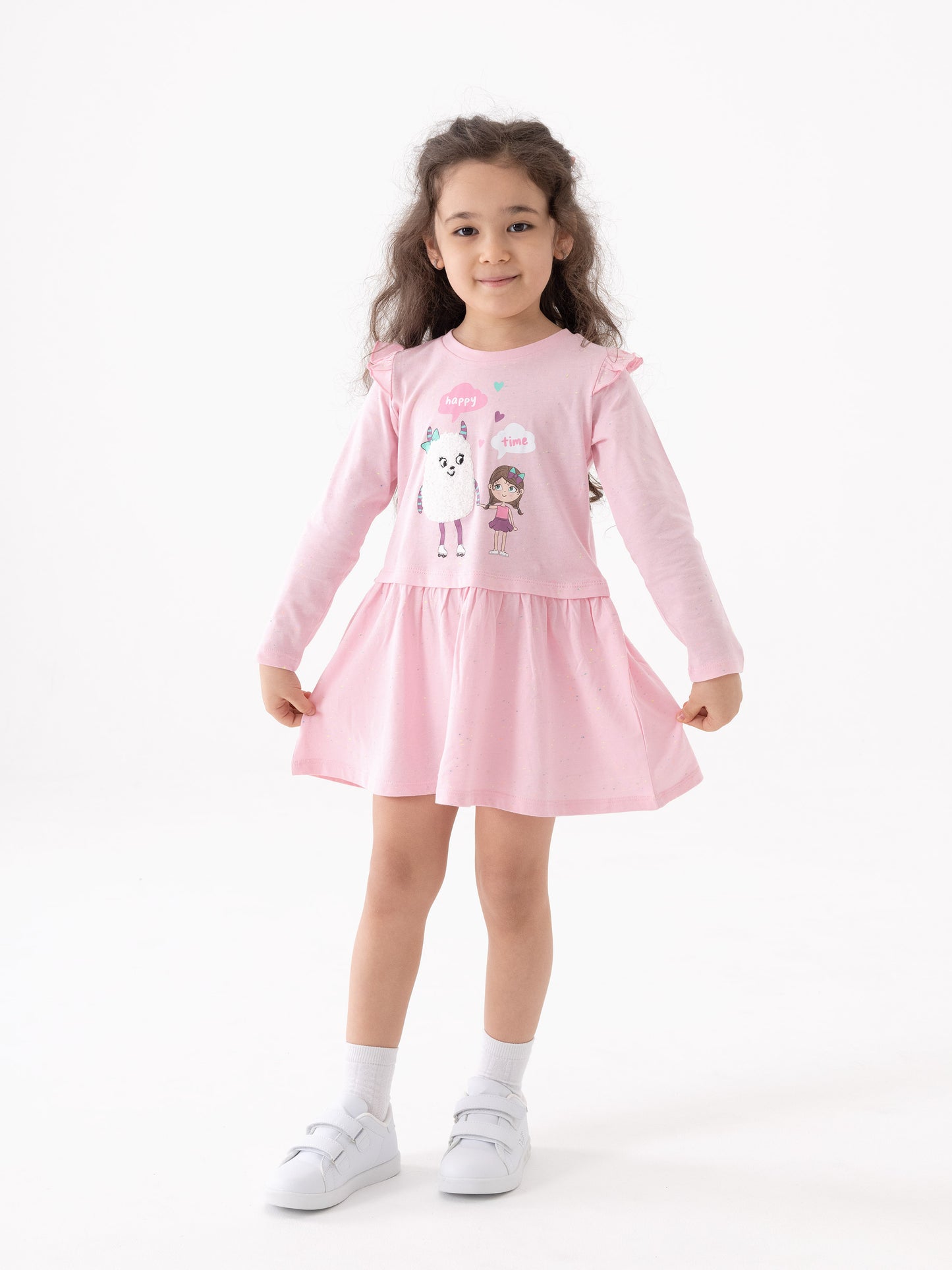 Long Sleeve Dress with Monster Friends Graphic - Pink