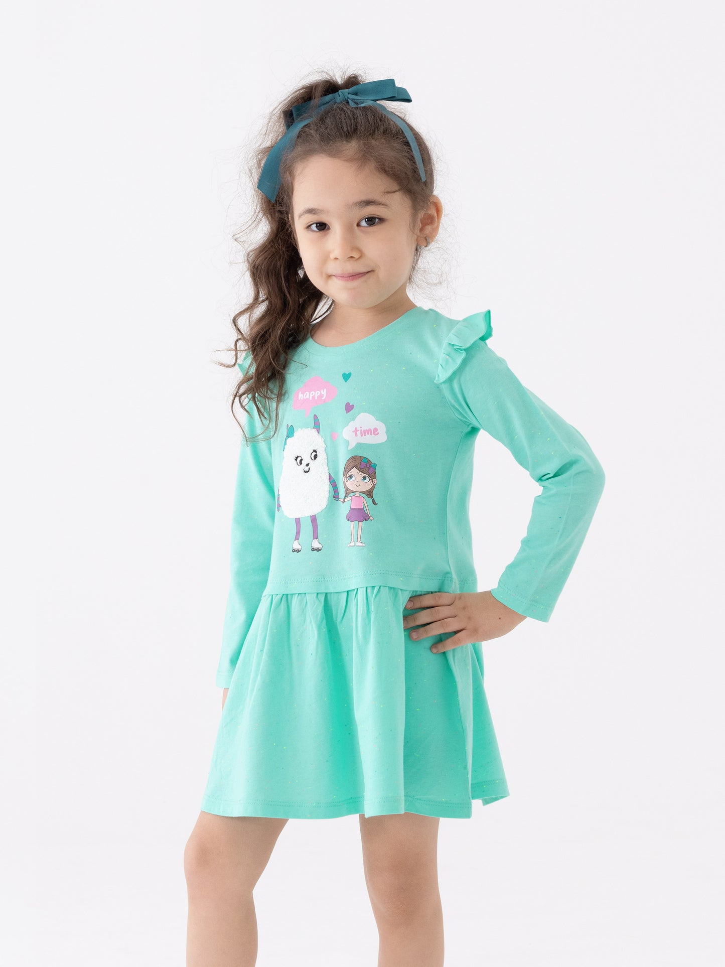 Long Sleeve Dress with Monster Friends Graphic - Atlantis