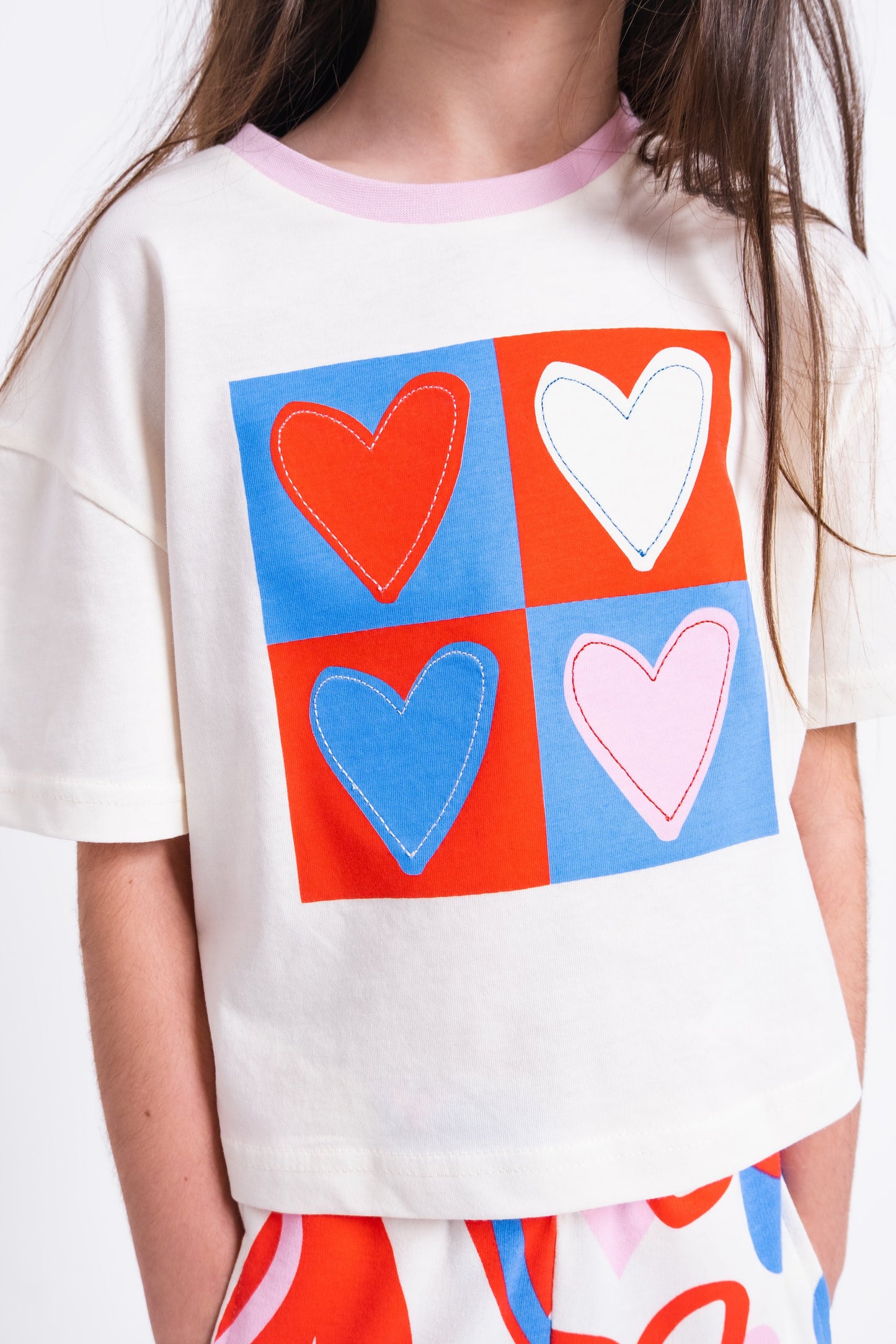 Boxy Short Sleeve T-Shirt with (Heart) Graphic and Embroidery - Ecru