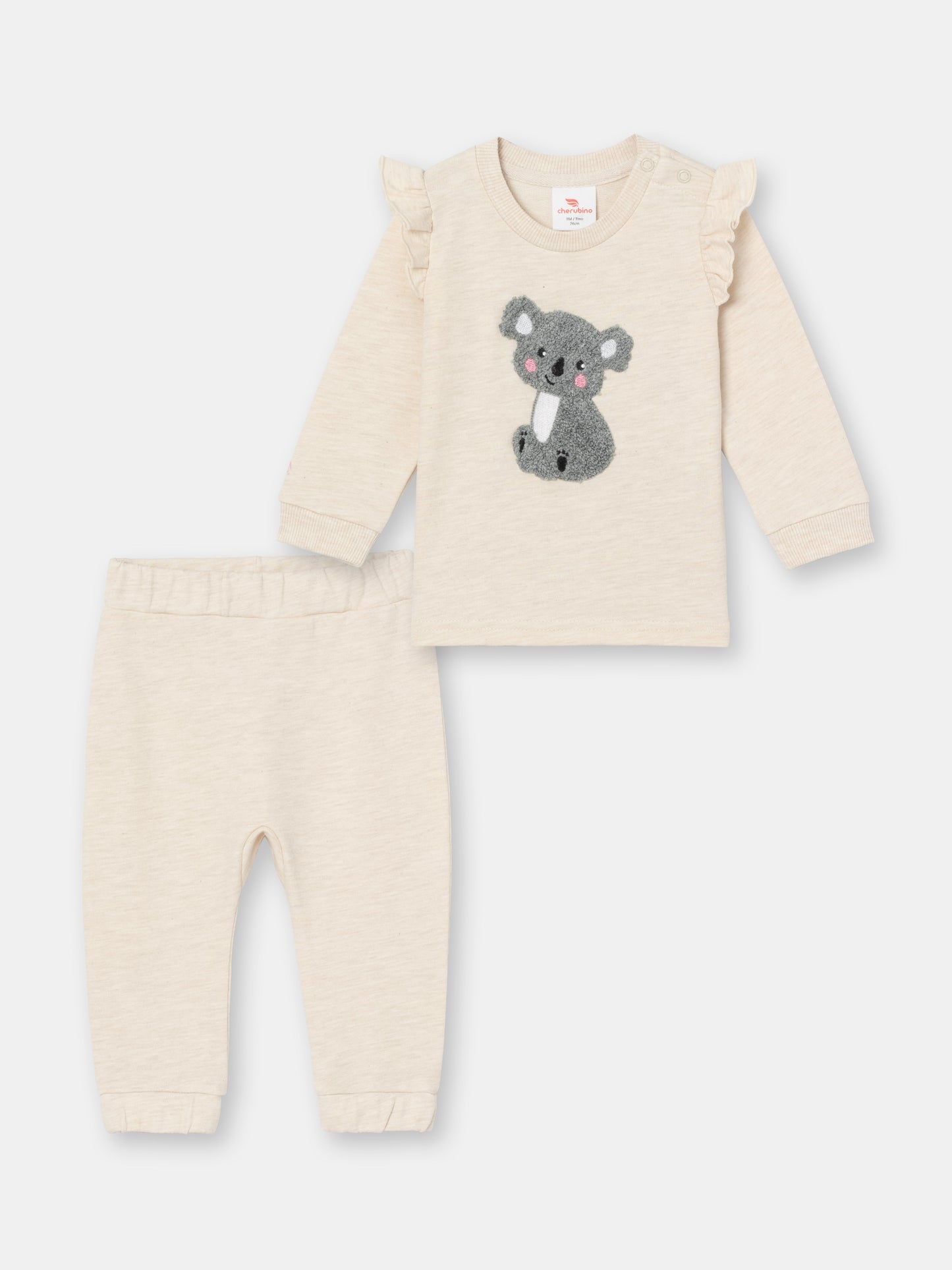 Two Piece Chenille (Koala) Embroidery Flutter Sweatshirt & Jogger Set - Ecru