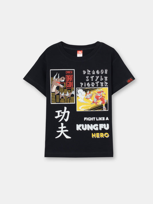 CWKB 62816-22-283 - Cherubino boys black t-shirt with kung fu hero print - front