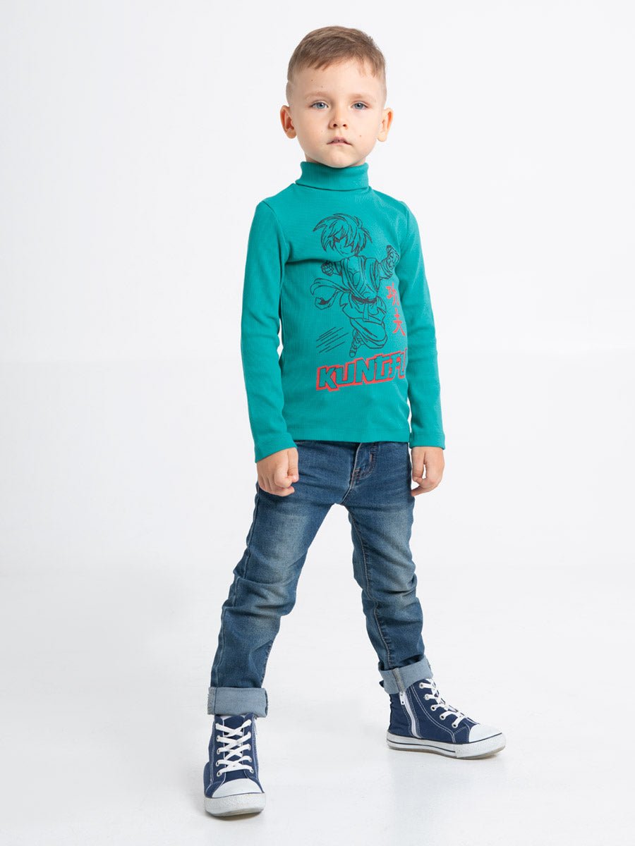 CWKB 62818-40-283 - Cherubino boys green turtleneck with kung fu kid print - model2
