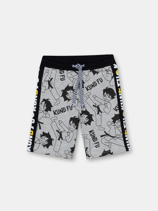 CWKB 70074-11-283 - Cherubino boys light grey melange shorts with kung fu print - front