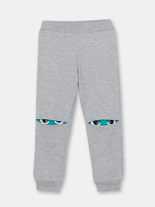 CWKB 70076-11-283 - Cherubino boys light grey melange pants with kung fu eyes print - front