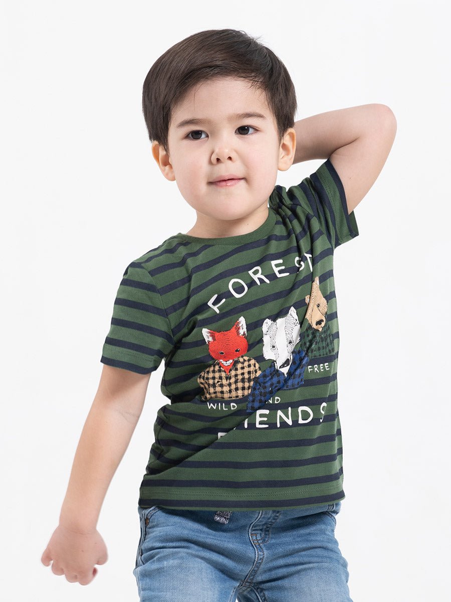 Boys Khaki T-shirt with Forest Friends Print