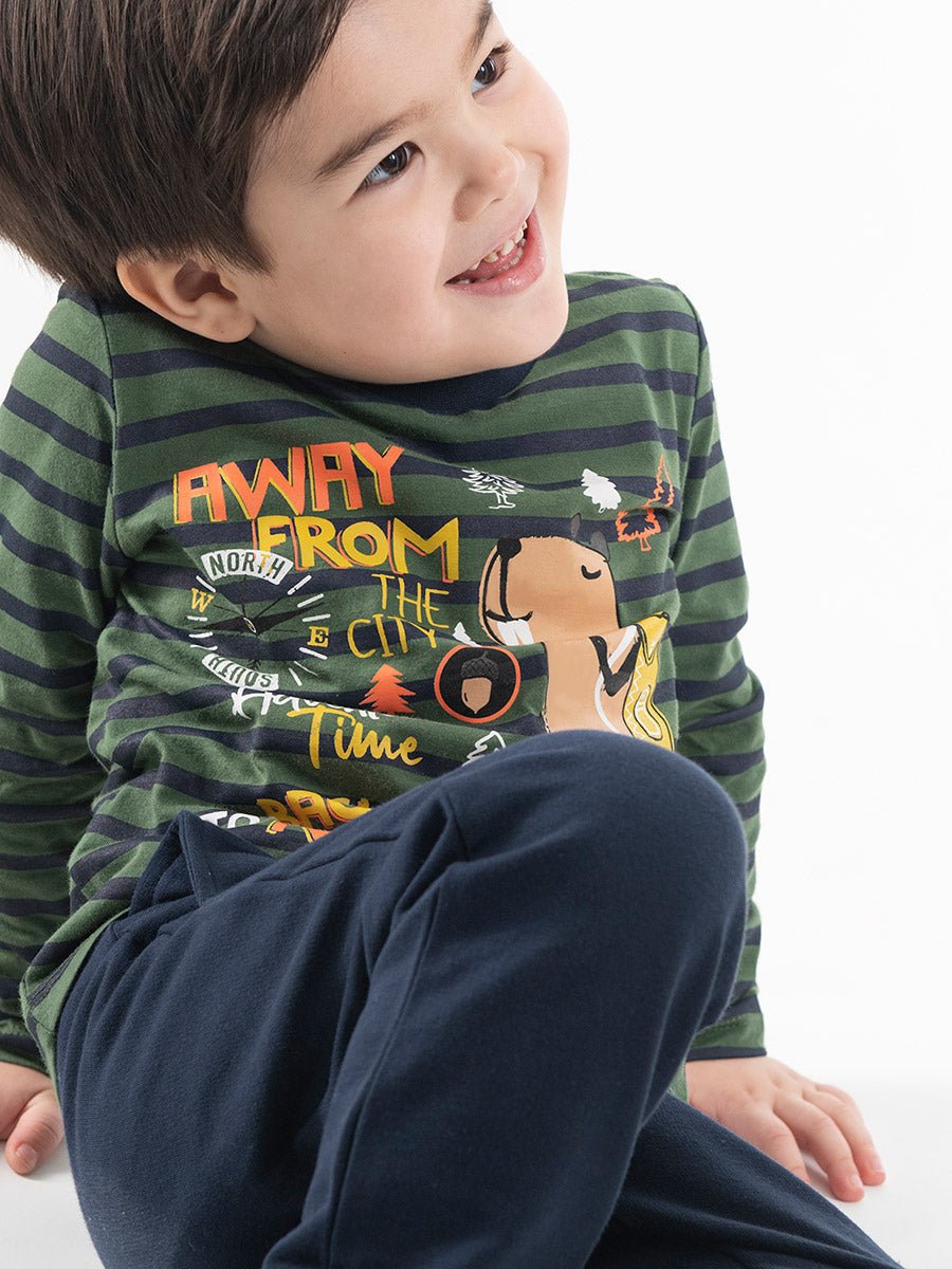 Boys Khaki Long Sleeve T-shirt with Cool Beaver Print