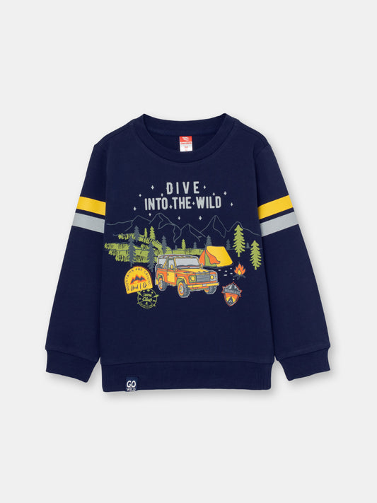Boys Dark Blue Sweatshirt with Dive Into World Print