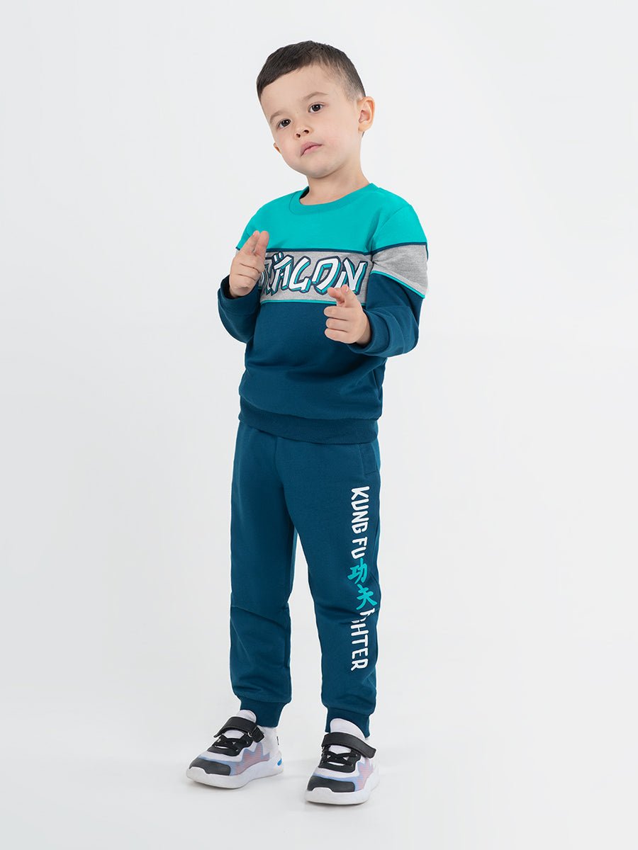 Boys Dark Blue Pants with Kung Fu Print