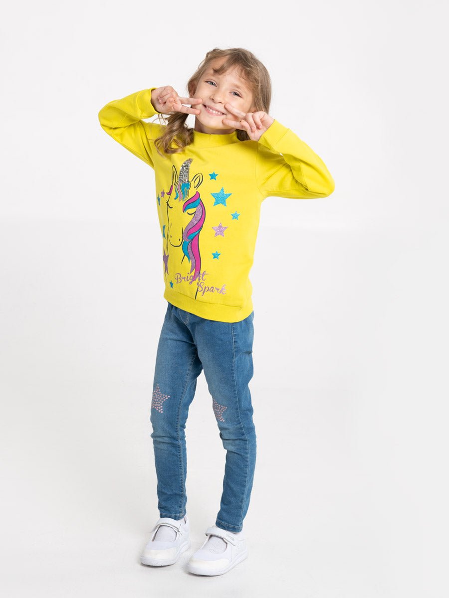 Girls Yellow Turtleneck with Sparkling Unicorn Print