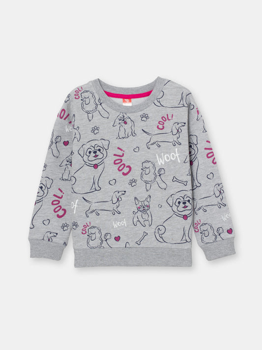 Girls Grey Sweatshirt with Cute Puppies Print