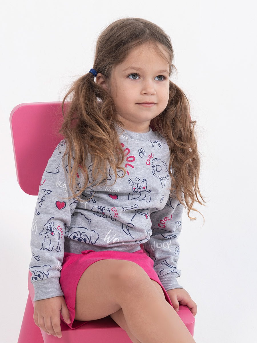 Girls Grey Sweatshirt with Cute Puppies Print
