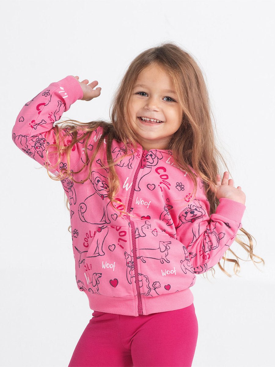 Girls Raspberry Hoodie with Cute Puppies Print