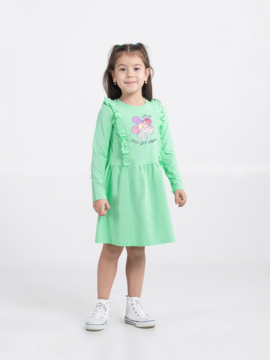 Girls Green Dress with Flower Print