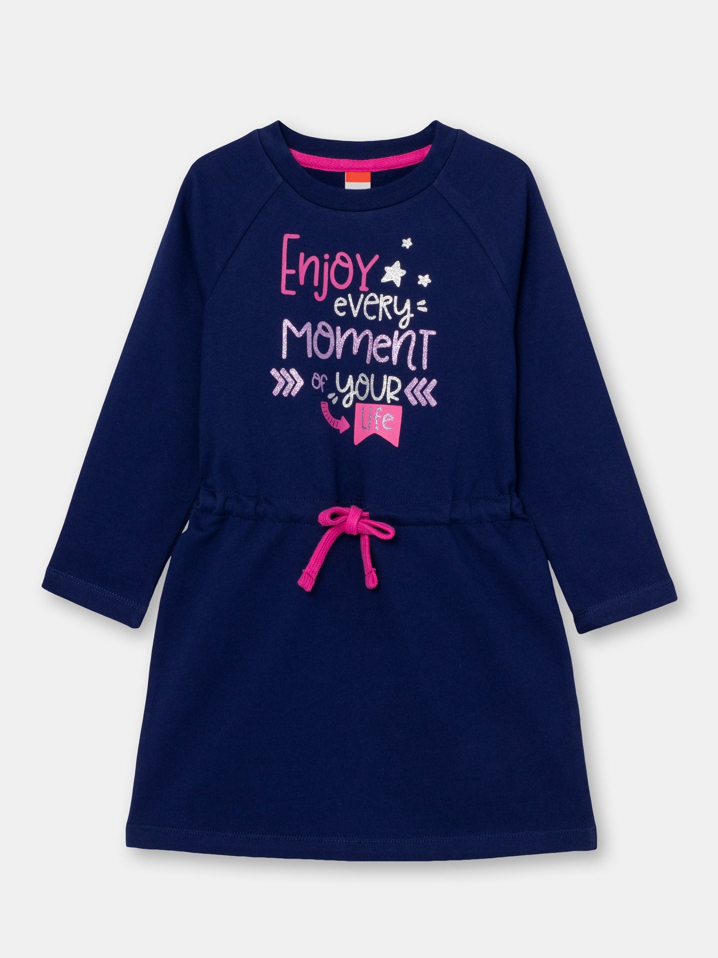 Girls Dark Blue Long Sleeve Dress with Enjoy Every Moment Print