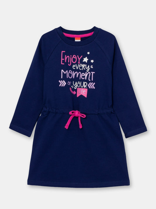 Girls Dark Blue Long Sleeve Dress with Enjoy Every Moment Print