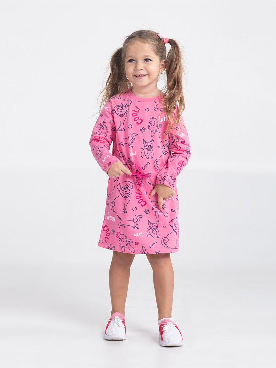 Girls Raspberry Long Sleeve Dress with Cute Puppies Print