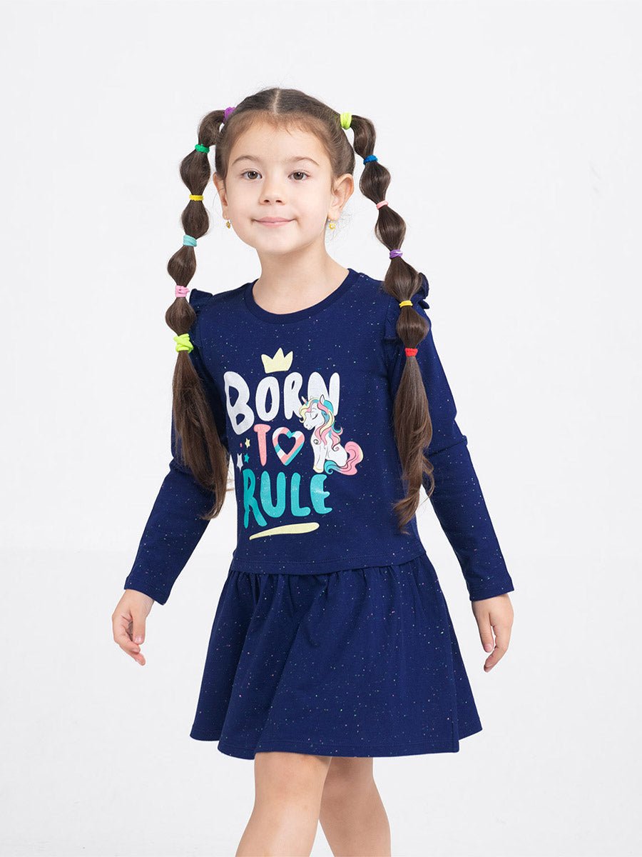 Girls Dark Blue Dress with Born to Rule Print