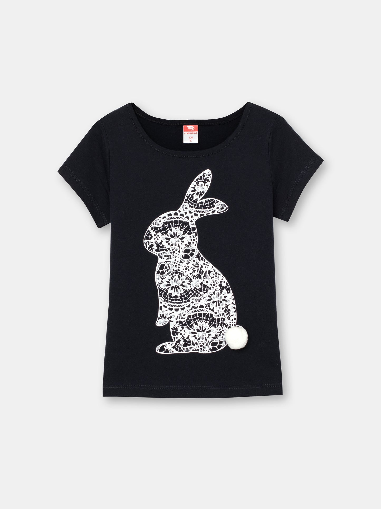 CWKG 62880-22-290 - Cherubino girls black t-shirt with lace rabbit print - front