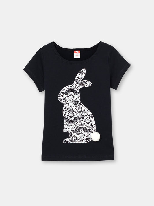 CWKG 62880-22-290 - Cherubino girls black t-shirt with lace rabbit print - front