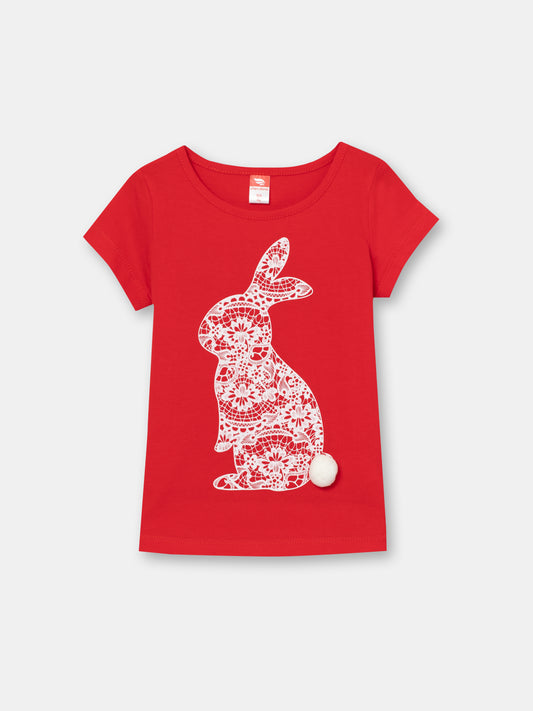 CWKG 62880-26-290 - Cherubino girls candy apple red t-shirt with lace rabbit print - front
