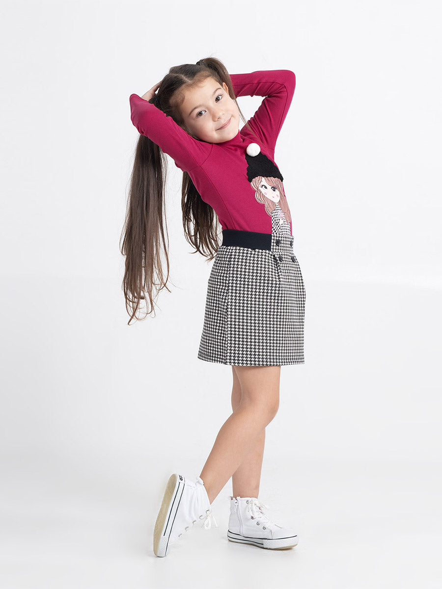 Girls Raspberry Turtleneck with Girl in Hat Print