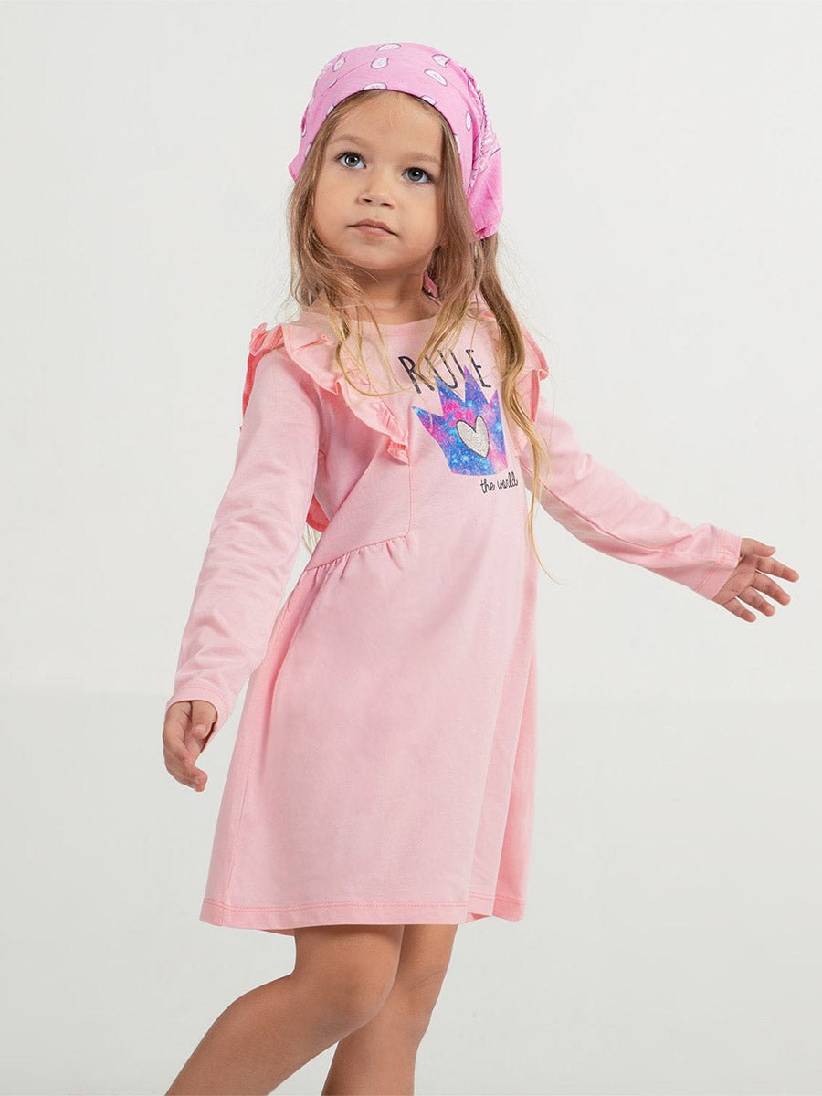 Girls Pink Dress with Rule the World Print
