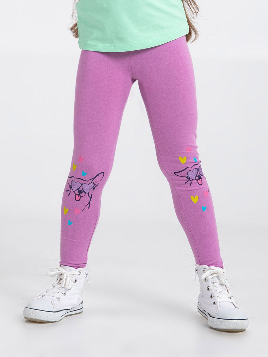 Girls Purple Leggings with Puppy in Love Print