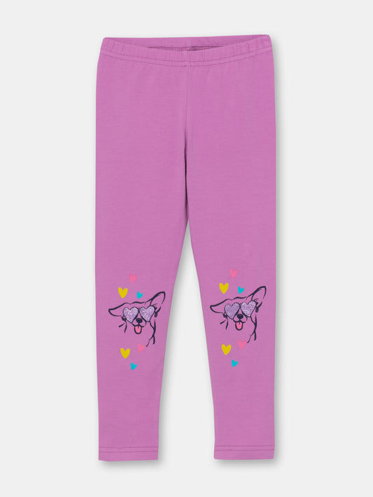 CWKG 70070-44-282 - Cherubino girls violet leggings with puppy in love print - front