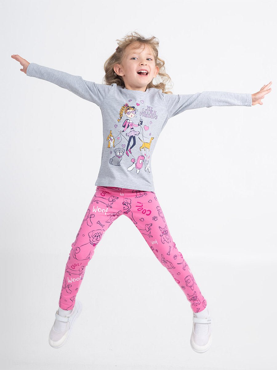 Girls Raspberry Winter Leggings with Cute Puppies Print