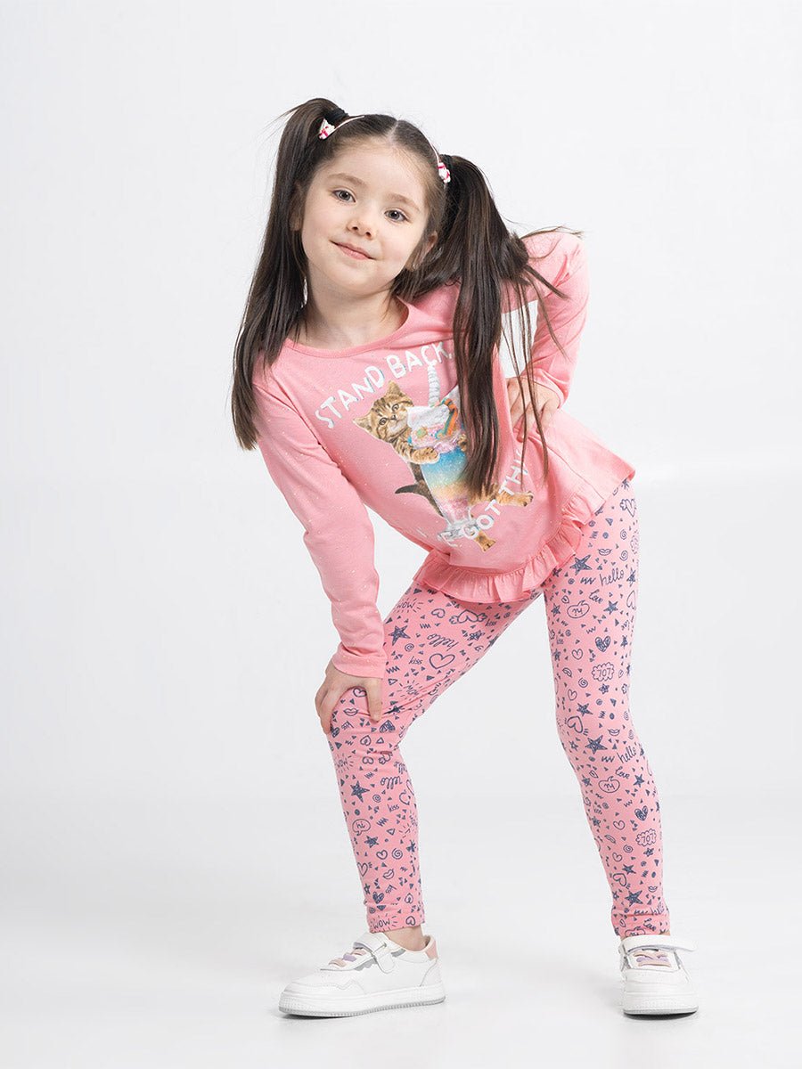 Girl Pink Leggings with Funny Doodles Print