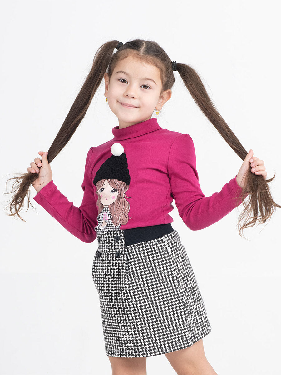 Girl Black and White Checked Print Skirt