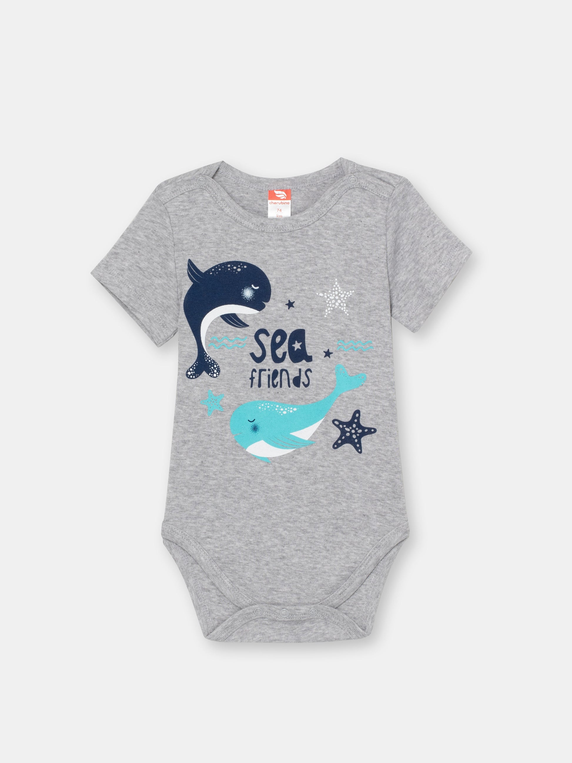 CWNB 40026-11-289 - Cherubino newborn baby boys light grey melange bodysuit with sea friends print - front
