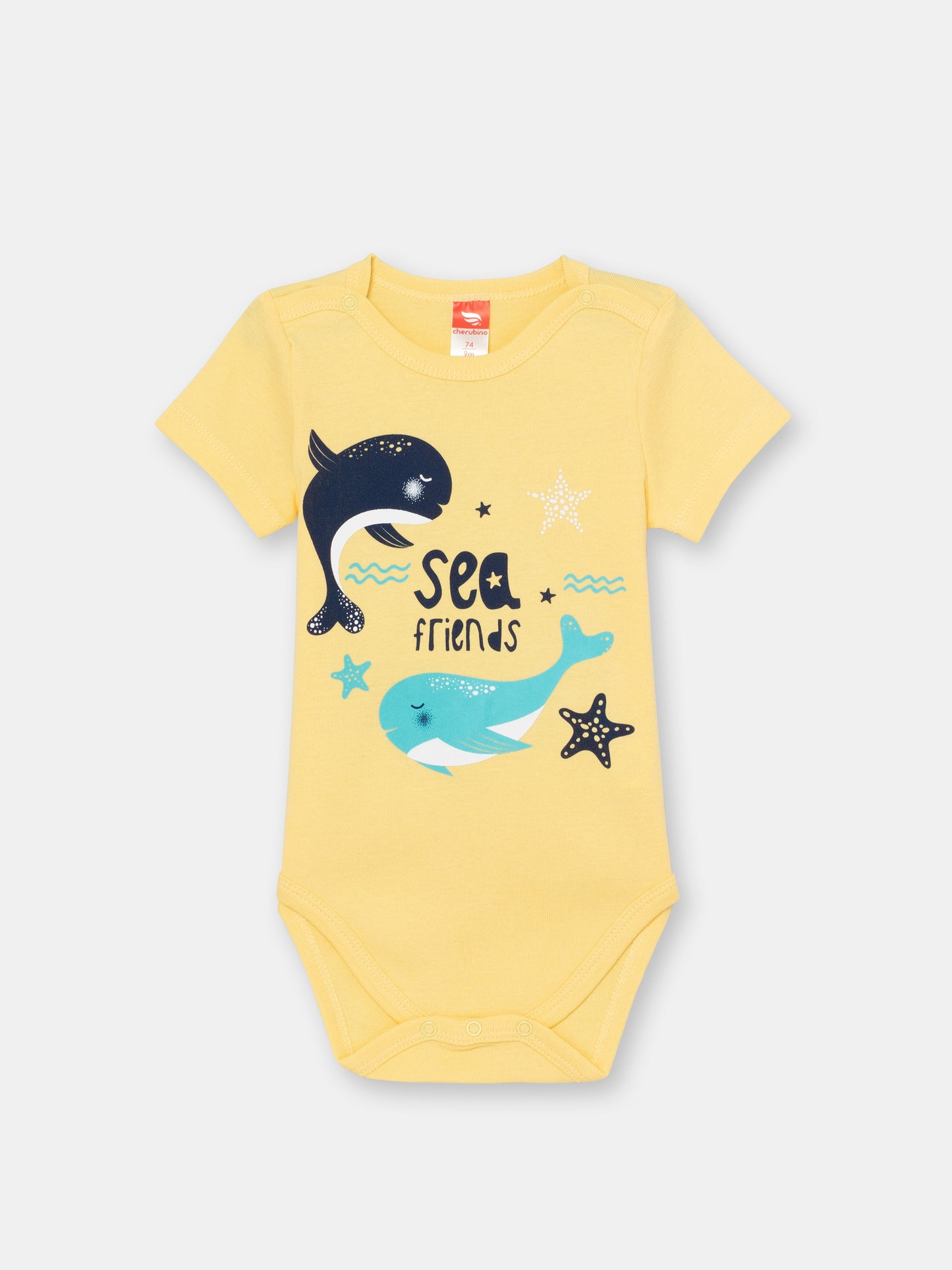 CWNB 40026-30-289 - Cherubino newborn baby boys yellow bodysuit with sea friends print - front